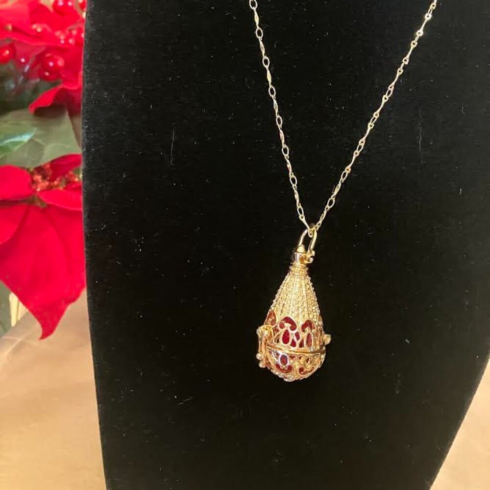Handcrafted Gold-Tone Necklace "Gilded Cage-Balloon" w/Ruby-Red Beads 24"/26"